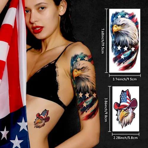 Vista 3 de 77 hojas de tatuajes temporales del 4 de julio para adultos y niños, tatuajes falsos patrióticos del Día de la Independencia de Estados Unidos