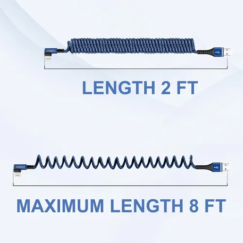 Vista 5 de Vova - Cable USB A a Lightning en espiral inteligente, cable de carga para iPhone de 8 pies para automóvil compatible con iPhone 14, 13, 12, 11 X Xs