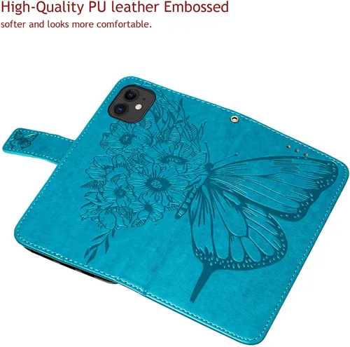 Vista 2 de Funda tipo cartera para iPhone 11, diseño de mariposas y flores (azul) Embossed PU Leather, TPU Interior, Flip Case Folio Cover, Stand, Cash