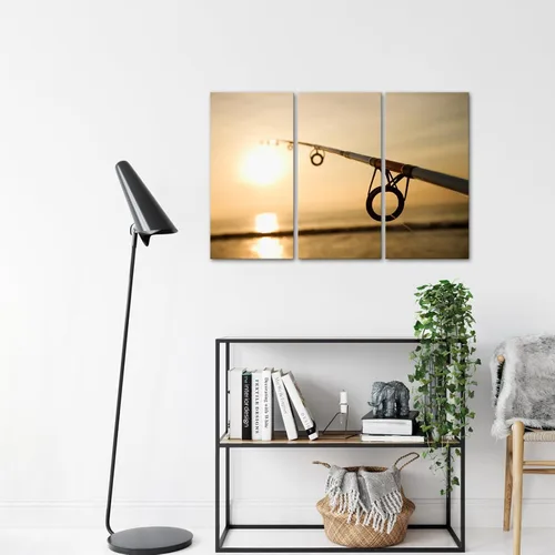 Vista 4 de iKNOW FOTO 3 piezas de lienzo impreso para pesca, arte de pared, caña de pescar contra el océano al atardecer, fotografía de naturaleza, pintura