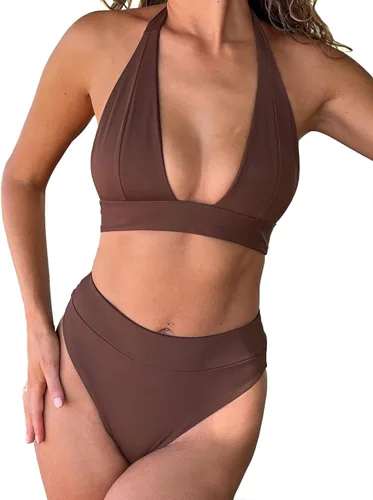 Vista 4 de Conjunto de bikini de cintura alta para mujer, cuello en V profundo, traje de baño de dos piezas
