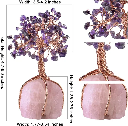 Vista 3 de Árbol de cobre de cristal envuelto con base de cuarzo rosa crudo, árbol bonsái para decoración de sala de estar, oficina en casa, amatista