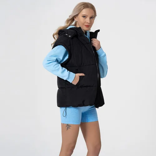 Vista 32 de Shiyifa Chaleco acolchado para mujer, chaqueta de gran tamaño, sin mangas, ligera, con cremallera, con capucha desmontable
