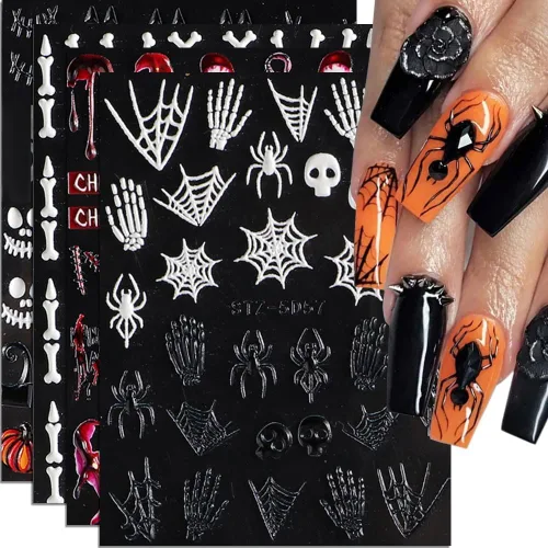 Vista 11 de Calcomanías de uñas con letras, 8 hojas de calcomanías de uñas con letras en inglés antiguo, 3D, autoadhesivas, doradas, plateadas, negras, blancas