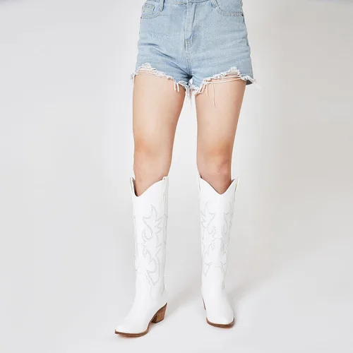 Vista 4 de Eteridrey Botas vaqueras bordadas para mujer, botas vaqueras occidentales con punta puntiaguda, tacón alto y grueso, botas altas hasta la rodilla