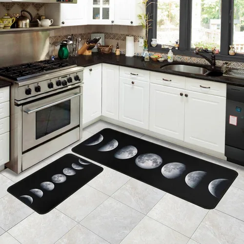 Vista 4 de Moon - Juego de 2 alfombras de cocina, antideslizantes, color negro, alfombra de pasillo para decoración de suelo de cocina, 17 x 47 + 17 x 30