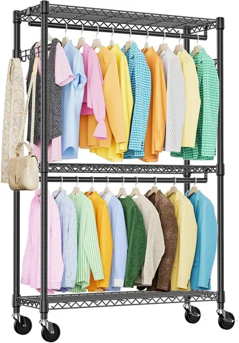 Vista 11 de IZEUK Perchero de Ropa de Alambre Resistente de 2 Combinaciones para Colgar Ropa, Perchero de Armario Guardarropa de Metal Independiente con 3 Negro