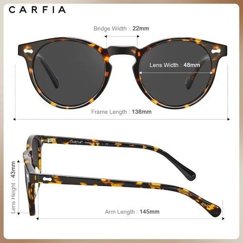 Vista 12 de CARFIA Gafas de sol polarizadas de acetato redondo para mujer, protección UV de cara pequeña con funda de cuero CA5288
