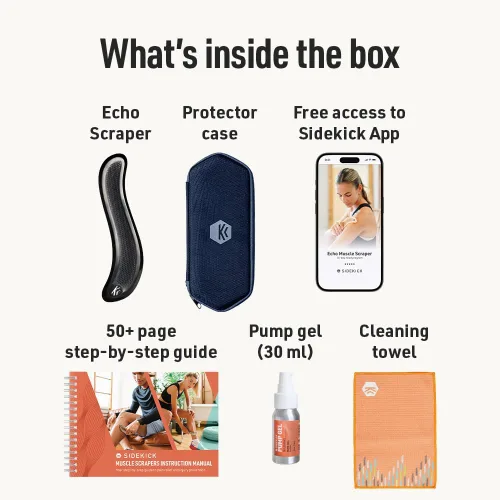 Vista 6 de SIDEKICK Echo Muscle Scraper - Herramienta Gua Sha de acero - con agarre antifatiga patentado de acero inoxidable - Kit completo incluido - Diseñado