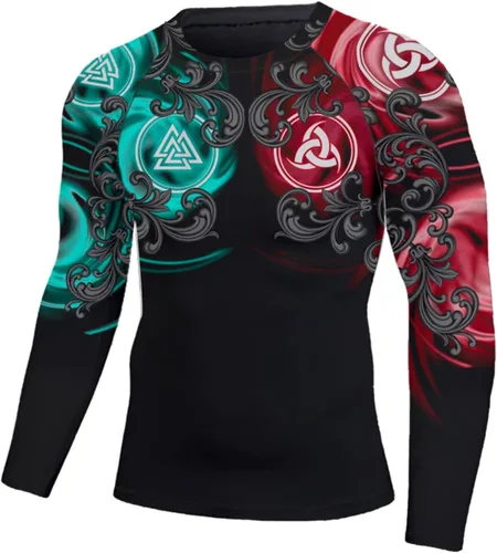 Vista 2 de Camisa de compresión azteca de manga larga de capa base Skins Performance Fit Rash Guard MMA BJJ tela elástica