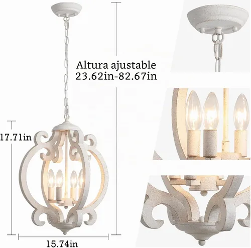 Vista 3 de Lámpara de araña de granja para comedor, lámpara de campo francés, color blanco envejecido, candelabro de madera rústica de 4 luces, lámpara