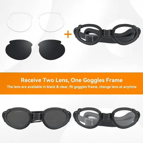 Vista 4 de Gafas de sol para perros de raza media, lentes reemplazables transparentes/negras, protección UV para perros medianos, protección ocular de perro