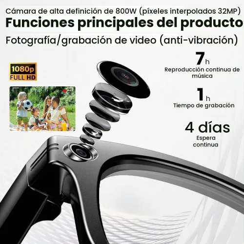 Vista 6 de AI Gafas Inteligentes, Gafas con Cámara Anti-Sacudida de 800W con Grabación de Video y Micrófono Dual, Interpretación Simultánea/Identificación