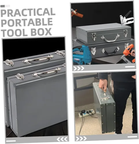 Vista 9 de Caja de herramientas de metal grueso, caja organizadora de herramientas portátil con asa, pequeña caja de almacenamiento para artesano, automotriz
