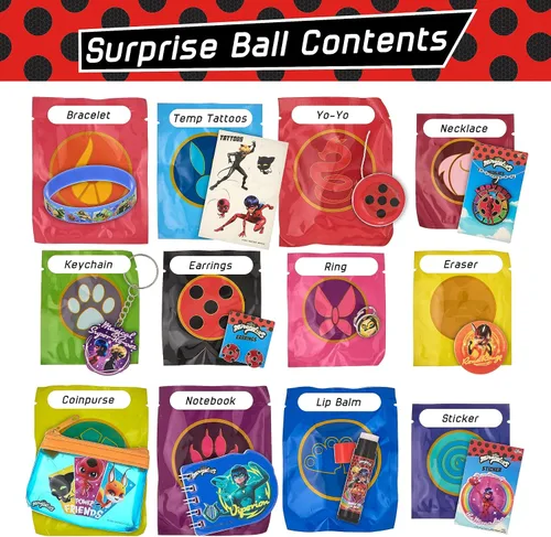Vista 3 de Caja milagrosa de 13 piezas sorpresa con temática de mariquita y gato Zag Heroez Noir Toys Surprise con calcomanías para niños, premios