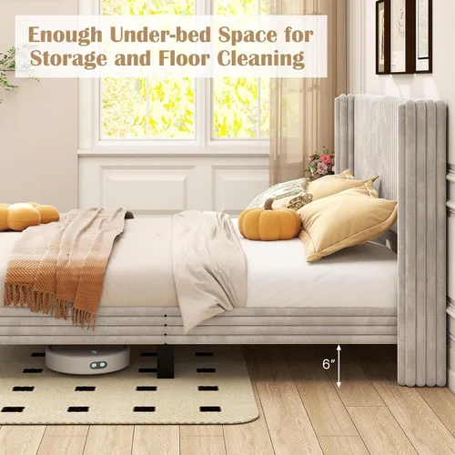 Vista 7 de Giantex Base de cama de terciopelo tamaño Queen, plataforma tapizada con cabecera vertical copetuda, base de colchón de soporte de listones