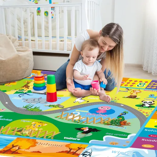 Vista 2 de Alfombras infantiles de 5 x 7 pies para sala de juegos, alfombra de juegos con zoológico para habitación de niños, alfombra educativa del alfabeto