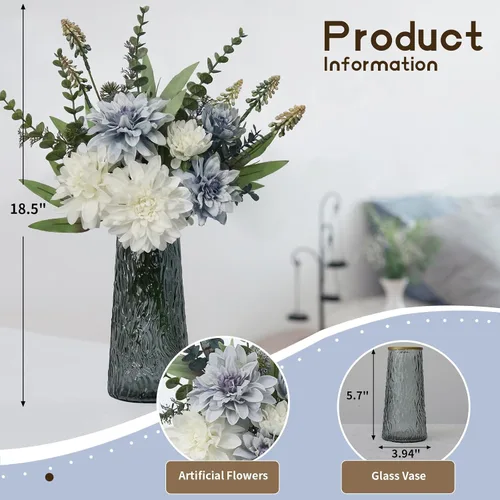 Vista 2 de Flores falsas con jarrón, flores artificiales de seda en jarrón, plantas falsas y arreglo de flores artificiales para centros de mesa, decoraciones