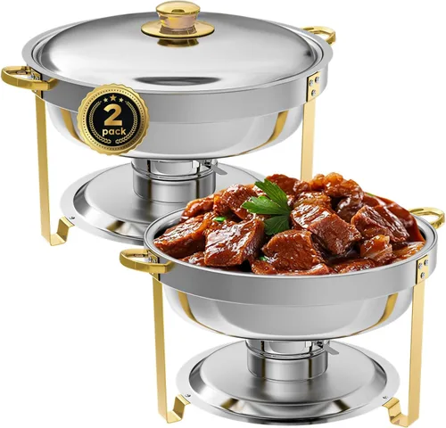 Vista 12 de IMACONE Juego de Bandejas Calentadoras de Buffet 4 Piezas, 5QT Redondas de Acero Inoxidable con Tapa de Vidrio para Catering, Conjuntos