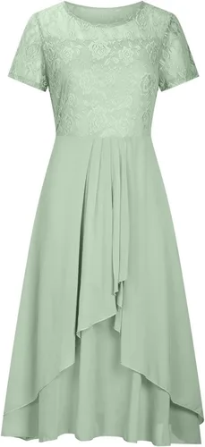 Vista 3 de XUNRYAN Vestidos midi maduros para mujer pequeña, con encaje floral, de cintura alta, con vuelo, de malla, vestido de gasa, fiesta de noche