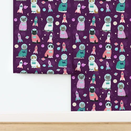 Vista 4 de Muestro de papel tapiz extraíble – Gatos espaciales Gato lindo gatito gatito púrpura mascota Retrato personalizado pre-pegado papel pintado por