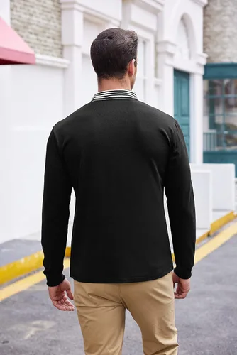 Vista 4 de COOFANDY Polo de manga larga para hombre, cuello a rayas, casual, ajustado, de algodón