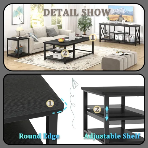 Vista 4 de EXCEFUR Mesa de centro negra, mesa de sala de estar de madera rústica con estante de almacenamiento, mesa central rectangular moderna, 47 pulgadas