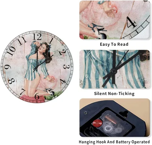 Vista 8 de Pin Up - Reloj de madera para niñas, silencioso, funciona con pilas, 12 pulgadas, estilo retro, de madera, con números arábigos, para el hogar