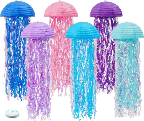 Vista 9 de Decoraciones de cumpleaños de sirena, linternas de papel de medusas rosadas lavanda azul, escamas de sirena colgantes en forma de linterna