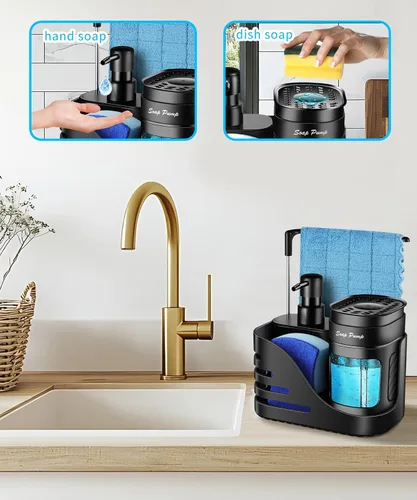 Vista 2 de Set de dispensador de jabón de cocina, dispensador doble de jabón para manos y platos 4-en-1 con soporte de esponja y soporte de paño para fregadero