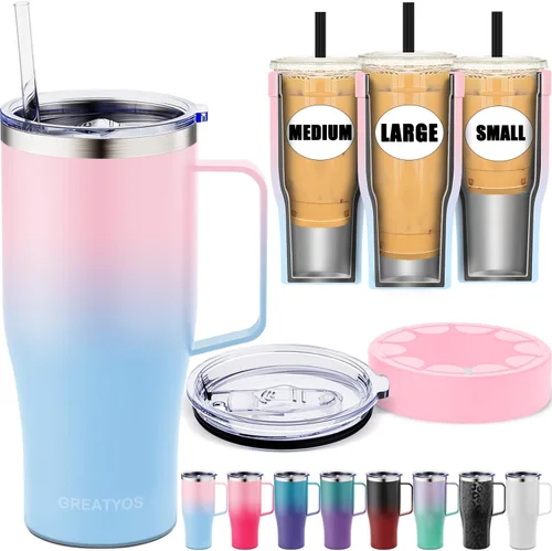 Vista 12 de Funda universal para café helado con asa - Soporte aislante de acero inoxidable reutilizable de doble pared para bebidas frías que se adapta a tazas
