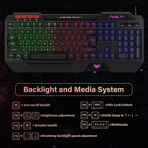 Vista 6 de AULA Combo de teclado para juegos, mouse y alfombrilla de ratón, paquete de teclado retroiluminado LED RGB, combo de teclado con cable USB