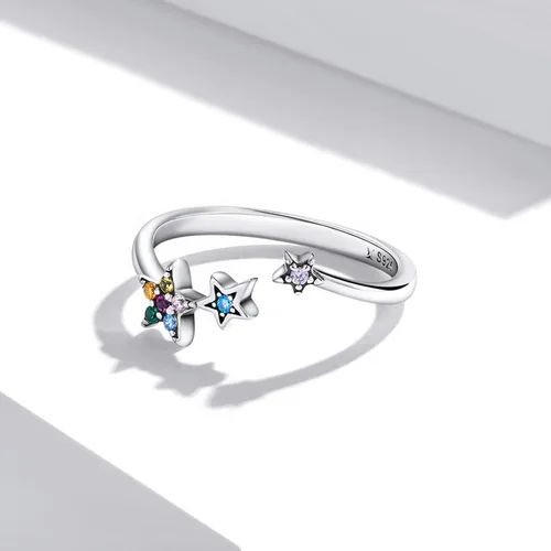 Vista 2 de Anillo de estrellas de plata de ley 925 ajustable para mujer, anillo abierto de circonita colorida, anillo de compromiso apilable, regalo