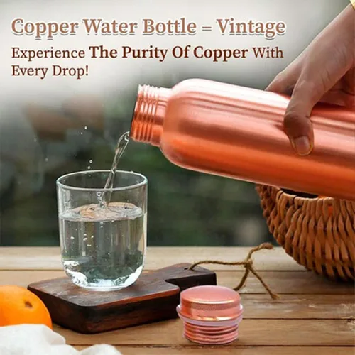 Vista 4 de Botella de agua de cobre puro de 32 onzas a prueba de fugas, recipiente con diseño ayurveda para la salud, para deporte, fitness, yoga