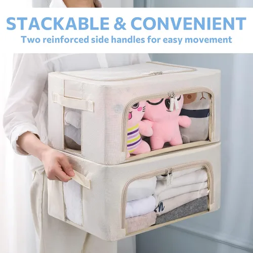 Vista 8 de Paquete de 3 cajas de almacenamiento con marco, bolsas de almacenamiento de ropa, tela Oxford, plegable, apilable, juego organizador con ventana