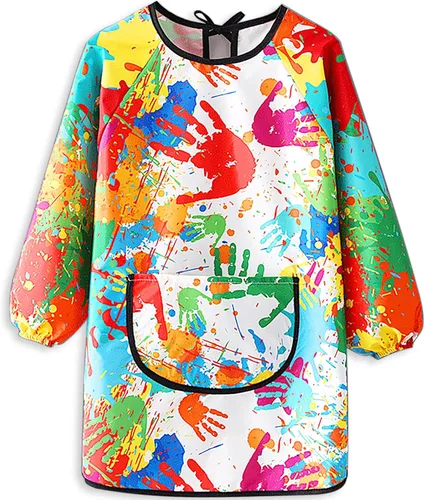 Vista 10 de MINIQ Delantal de Arte para Niños, Delantal para Pintar para Pequeñitos, Delantal de Artista para Niños con Bolsillo y Mangas Largas, Sección Larga