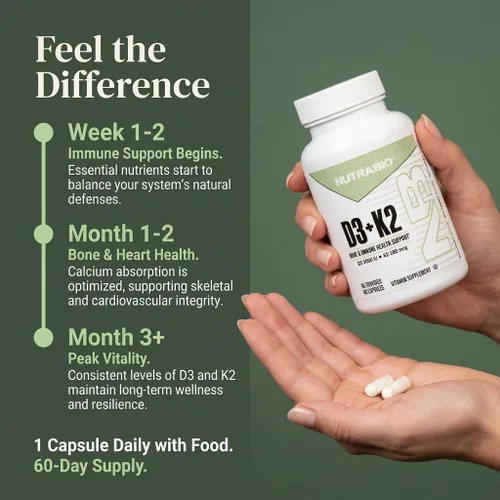 Vista 5 de NutraBio Vitamina D3 K2 5000 UI D3 como colecalciferol con vitamina K2 como MENA-Q MK7 (180 mcg) Apoya la salud ósea y cardíaca Sin OMG, sin