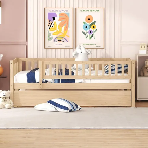 Vista 3 de Sofá cama individual con nido, marco de cama infantil de madera tamaño individual con valla, cama nido individual para niñas, niños, cama de Natural