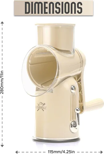 Vista 4 de Rallador de queso rotativo 5 en 1 con manivela manual – Rallador de verduras multifuncional, triturador de nueces y queso – Rallador de alimentos