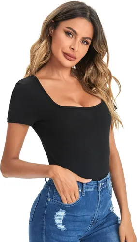 Vista 4 de Verdusa Womens Short Sleeve Square Neck T-Shirt Basic Solid Slim Fitted Top Tee