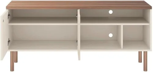 Vista 4 de Manhattan Comfort Windsor - Moderno mueble para TV con estantes multimedia y patas de madera maciza, 53.54 pulgadas, color blanco hueso, naturaleza