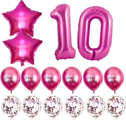 Vista 3 de Decoraciones de cumpleaños número 10 para niñas, banda y corona de dos dígitos con purpurina rosa intenso, globos de papel de aluminio de estrella