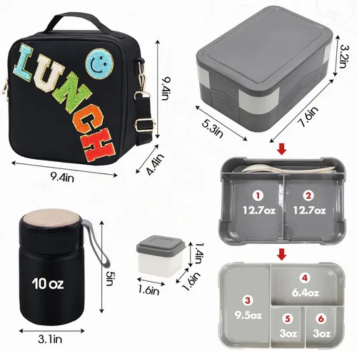 Vista 4 de Bolsa de almuerzo aislada para niños y niñas con termo de 10 onzas, con caja Bento de 6 compartimentos, lonchera de nailon negro preppy con correa