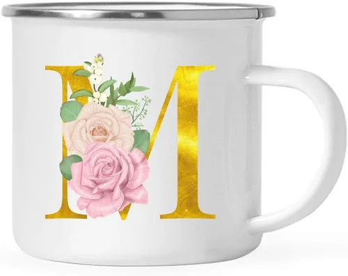 Vista 27 de Andaz Press Taza de café de acero inoxidable para niños de 11 onzas, regalo de taza de café de fogata, rosa rubor, monograma de oro sintético, letra