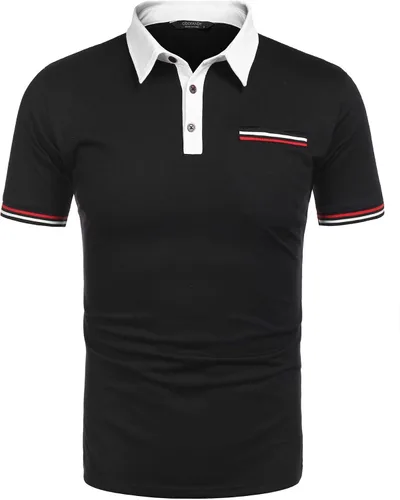 Vista 3 de COOFANDY Polo de manga corta para hombre, con mangas a rayas, ajuste clásico, casual, con bolsillo