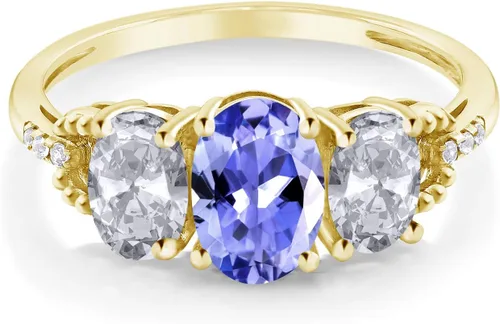 Vista 2 de Gem Stone King Anillo de compromiso de oro amarillo de 10 quilates con topacio blanco y diamantes de tanzanita azul para mujer