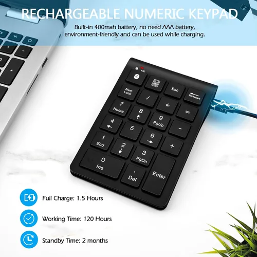 Vista 3 de Foloda Teclado numérico Bluetooth: almohadilla numérica inalámbrica con cable de 22 teclas, extensiones de teclado de entrada de fecha