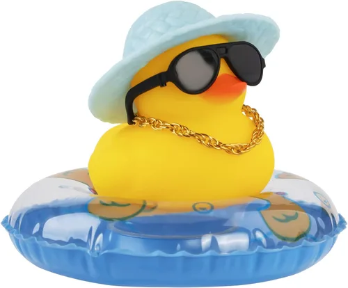 Vista 14 de wonuu Pato de goma para automóvil, decoración de pato amarillo con sombrero para el sol, anillo de natación, collar, gafas de sol para decoración