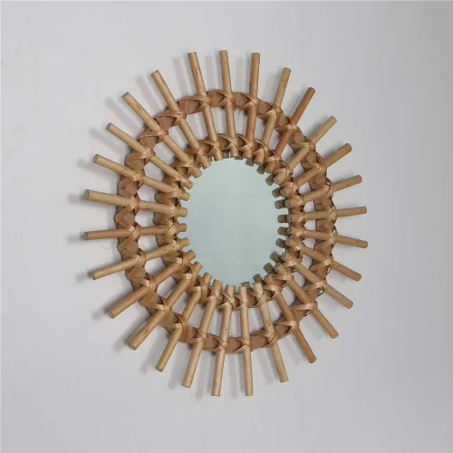 Vista 4 de OYPEIP Decoración de cristal colgante de ratán natural pequeño de 12 pulgadas, diseño rústico hecho a mano, innovador espejo de maquillaje redondo