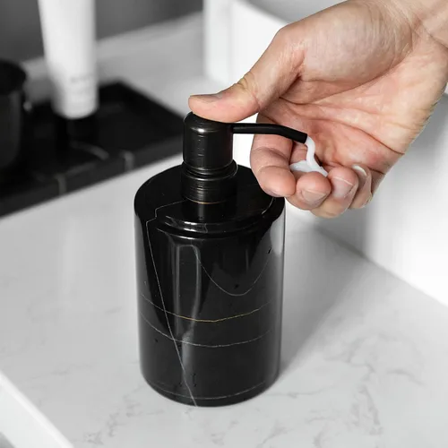 Vista 6 de JIMEI Dispensador de jabón de mármol negro para baño y cocina - Dispensador decorativo de jabón líquido de piedra de mármol natural - Dispensador